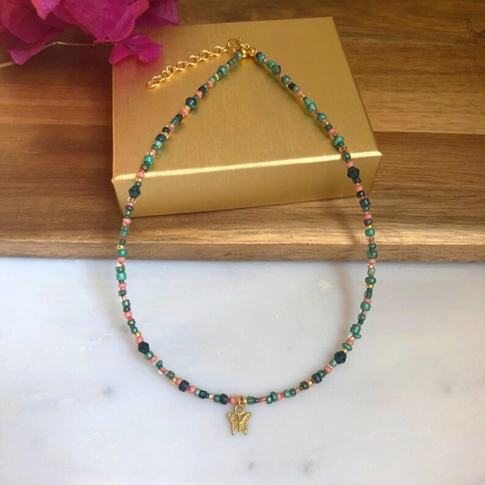 Green butterfly beaded necklace / Handmade green and gold beaded necklace